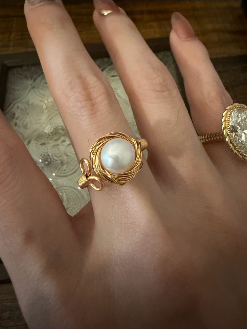 NEW 14kt gold filled freshwater pearl statement ring, wire wrapped baroque style